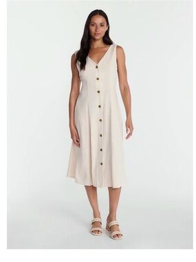Time and Tru Cream Button-Front Midi Dress